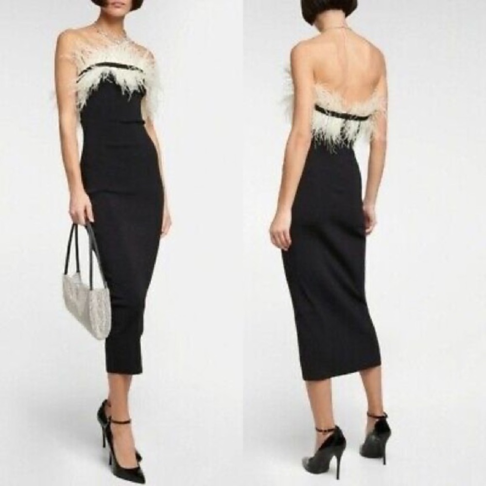 Stunning black/ivory Staud - Nellie feather-trimmed midi dress😍 - Picture 11 of 13